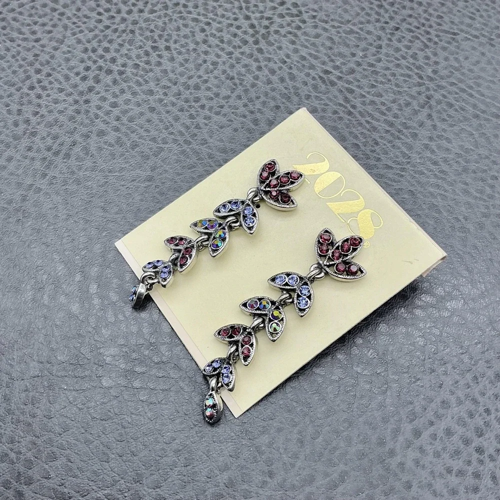 2028 Leaf‎ Vine Dangle Earrings Silver Tone Multicolor Rhinestone Womens 2 Inch
